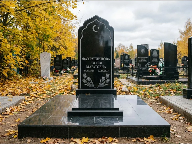 Мусульманский памятник: стела с михраб-навершием в форме арки — гравировка минарета с полумесяцем, гранитный цоколь с тёмной плиткой, работа «Фахрутдинова» в Южно-Сахалинске