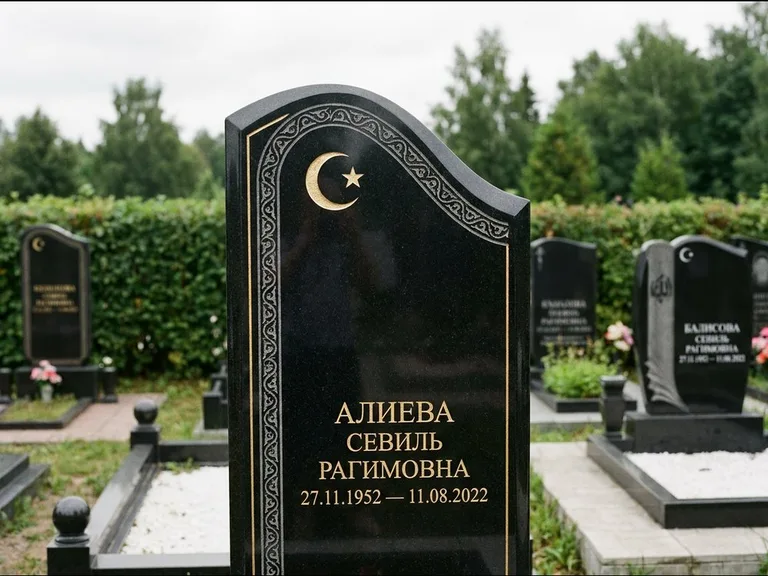 Мусульманский памятник: асимметричная скошенная стела — белая гравировка силуэта мечети с минаретами, живая изгородь из кустарника, работа «Алиева» в Южно-Сахалинске