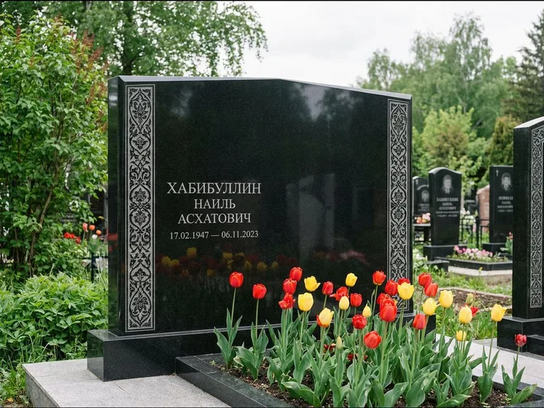 Мусульманский памятник: широкая двойная семейная стела — золочёная гравировка мечети, цветник с тюльпанами, работа «Хабибуллин» в Южно-Сахалинске