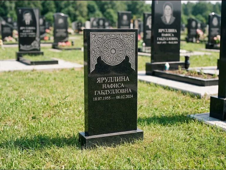 Мусульманский памятник: небольшая скромная невысокая стела — золочёная гравировка мечети, аккуратный участок с газоном, работа «Фахрутдинова» в Южно-Сахалинске