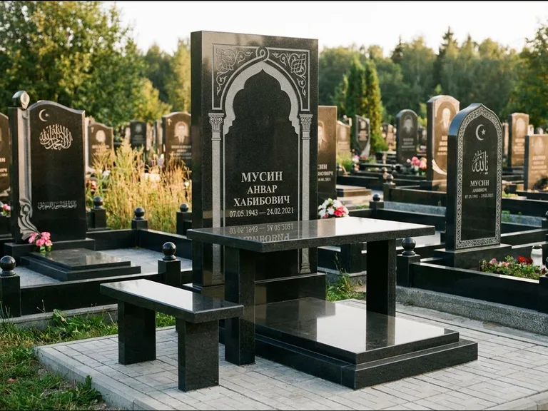 Мусульманский памятник: стела с гранитным столиком и скамьёй — гравировка мечети под полумесяцем и звёздами, семейный участок с плиткой, работа «Гимаев» в Южно-Сахалинске