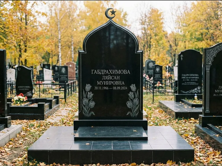 Мусульманский памятник: массивная стела с михраб-навершием — белая гравировка силуэта мечети с минаретами, цоколь тёмной плиткой, работа «Магомедова» в Южно-Сахалинске
