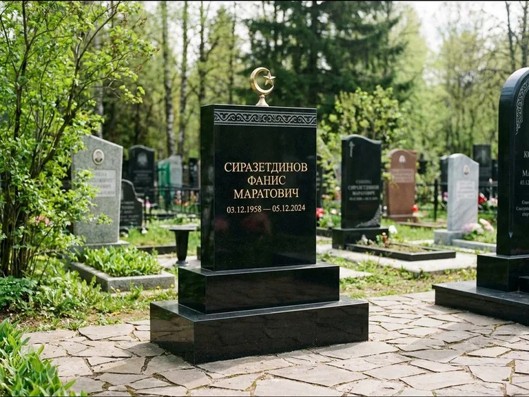 Мусульманский памятник: ступенчатая трёхуровневая стела — золочёная гравировка мечети, дорожка из природного плитняка, работа «Мустафин» в Южно-Сахалинске