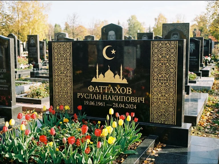 Мусульманский памятник: широкая панорамная стела с золочёным орнаментом — гравировка минарета с полумесяцем, цветник с тюльпанами, работа «Сулейманов» в Южно-Сахалинске