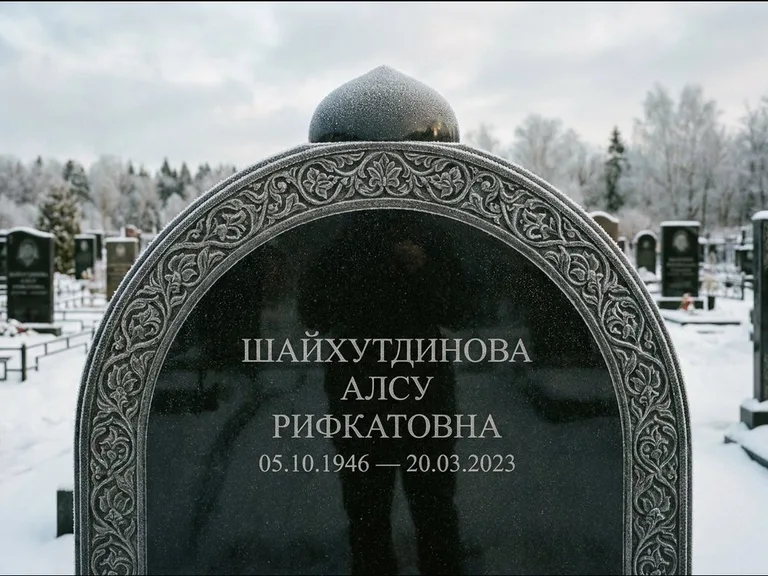 Мусульманский памятник: полукруглая стела с купольным навершием — гравировка мечети под полумесяцем и звёздами, заснеженный зимний участок, работа «Ганиева» в Южно-Сахалинске