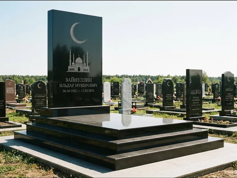 Мусульманский памятник: массивная стела на ступенчатом постаменте — гравировка мечети под полумесяцем и звёздами, гранитная площадка без ограды, работа «Хабибуллин» в Южно-Сахалинске