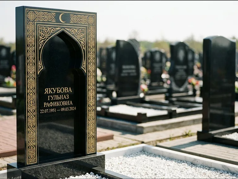 Мусульманский памятник: стела в форме михраба с глубокой нишей и золочёным орнаментом — детализированная гравировка мечети Кул-Шариф, участок с белой мраморной крошкой, работа «Мустафин» в Южно-Сахалинске