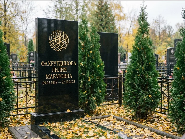 Мусульманский памятник — шахада в верхней части стелы, работа «Фахрутдинова» в Южно-Сахалинске