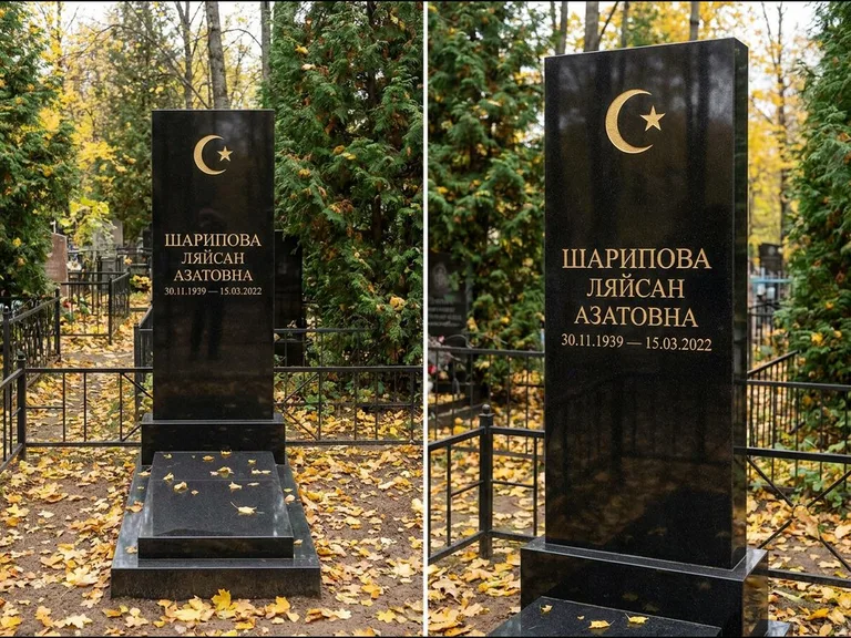 Памятник с гравировкой полумесяца — золочёная гравировка полумесяца со звездой в верхней части с, работа «Шарипова» в Южно-Сахалинске