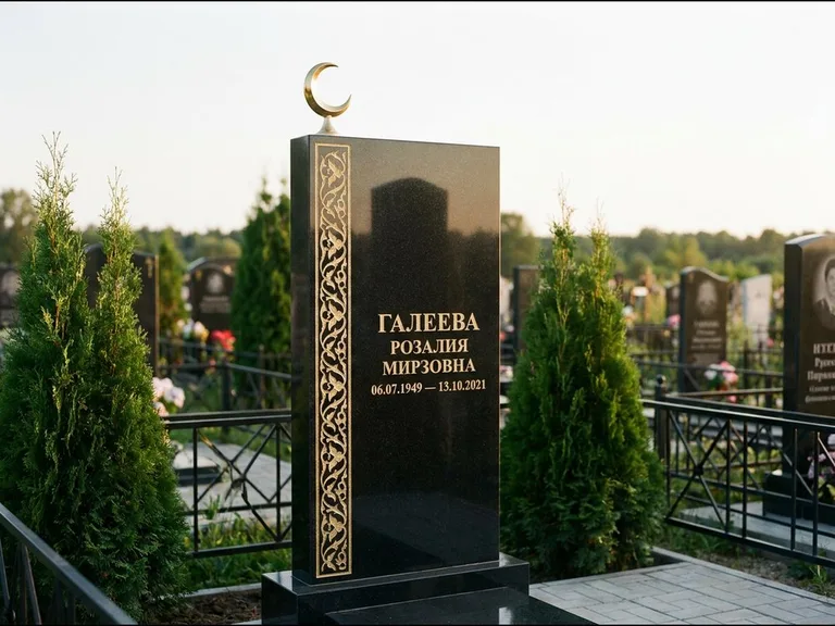 Памятник с гравировкой полумесяца — золочёный полумесяц и колонна растительного орнамента-ислими, работа «Галеева» в Южно-Сахалинске