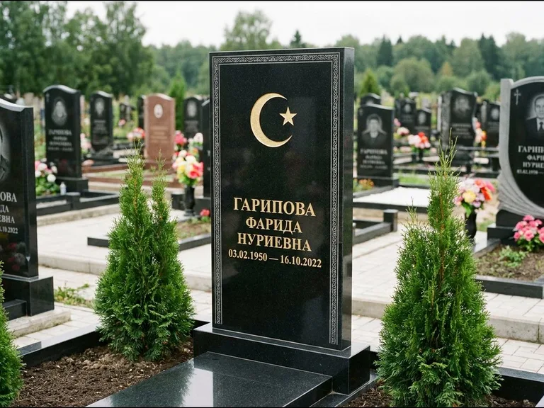Памятник с гравировкой полумесяца — гравировка полумесяца, работа «Гарипова» в Южно-Сахалинске