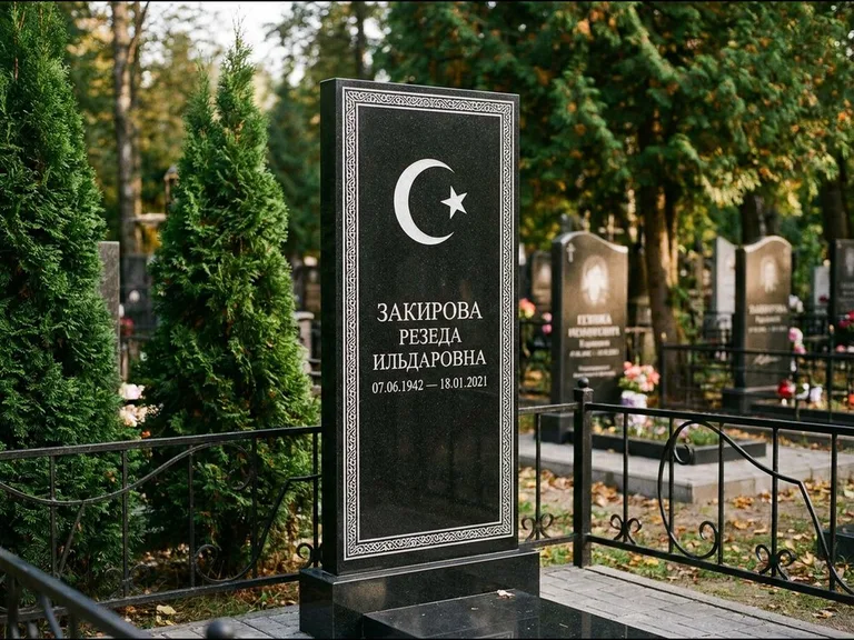 Памятник с гравировкой полумесяца — строгая белая гравировка полумесяца со звездой и орнаменталь, работа «Закирова» в Южно-Сахалинске