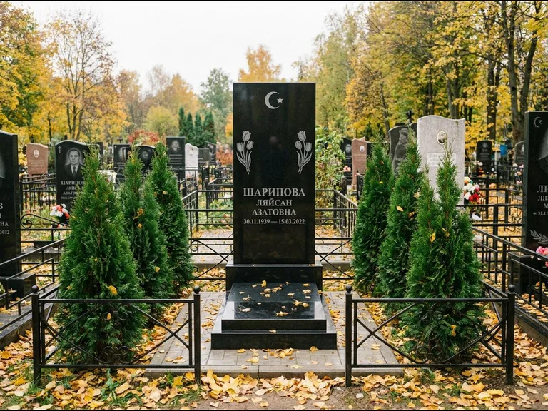 Памятник с гравировкой полумесяца — гравировка полумесяца со звездой и тюльпанами по бокам, работа «Шарипова» в Южно-Сахалинске