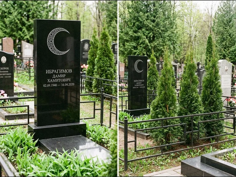 Памятник с гравировкой полумесяца — гравировка полумесяца в геометрическом орнаменте-гирихе, работа «Ибрагимов» в Южно-Сахалинске