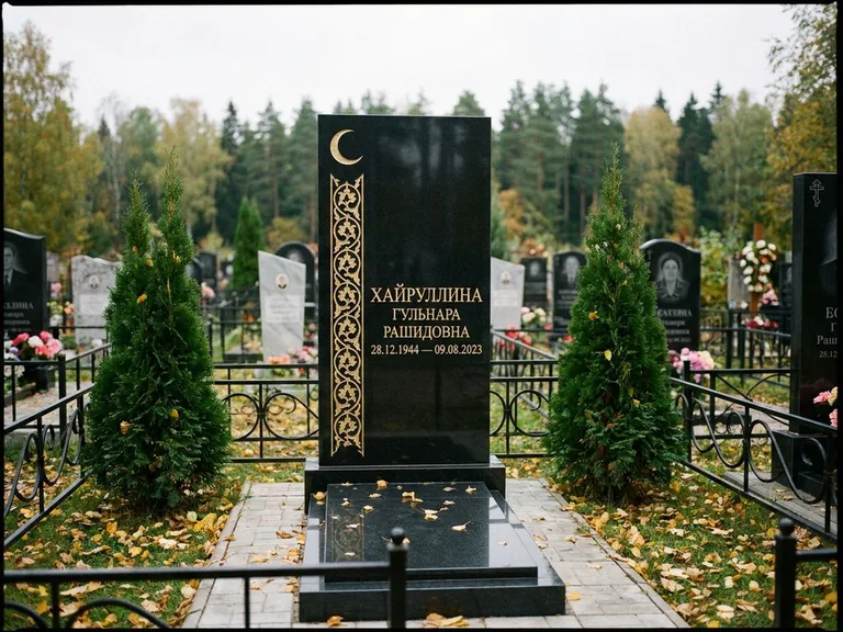 Памятник с гравировкой полумесяца — золочёный полумесяц и колонна растительного орнамента-ислими, работа «Хайруллина» в Южно-Сахалинске