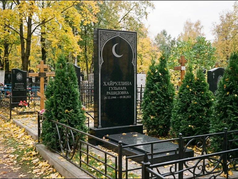 Памятник с гравировкой полумесяца — гравировка полумесяца в восточной арке с орнаментом, работа «Хайруллина» в Южно-Сахалинске
