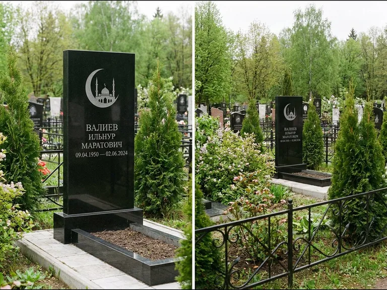 Памятник с гравировкой полумесяца — гравировка полумесяца над силуэтом мечети, работа «Валиев» в Южно-Сахалинске