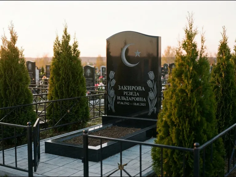 Памятник с гравировкой полумесяца — гравировка полумесяца со звездой и тюльпанами по бокам, работа «Закирова» в Южно-Сахалинске