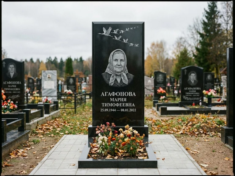 Гравировка журавлей на памятник в Южно-Сахалинске — памятник из чёрного гранита с гравировкой