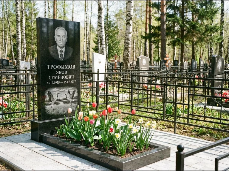Памятник с гравировкой журавлей — гравировка пары журавлей над гладью озера в нижней части, работа «Трофимов» в Южно-Сахалинске