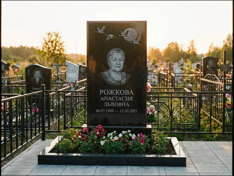 Памятник с гравировкой журавлей — гравировка клина журавлей на фоне солнечного диска, работа «Рожкова» в Южно-Сахалинске