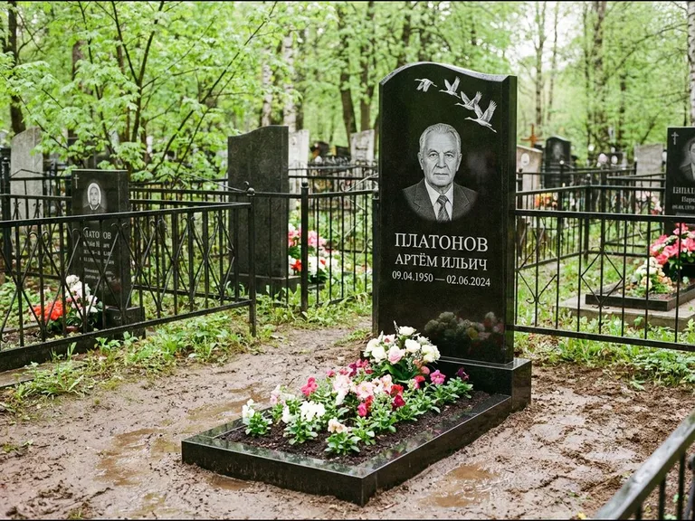 Памятник с гравировкой журавлей — белая гравировка клина журавлей, уходящего в верхний угол ст, работа «Платонов» в Южно-Сахалинске