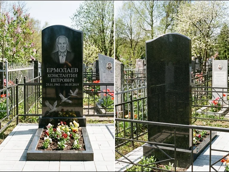 Памятник с гравировкой журавлей — гравировка трёх журавлей по диагонали через свободное поле с, работа «Ермолаев» в Южно-Сахалинске
