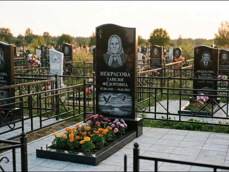 Памятник с гравировкой журавлей — гравировка пары журавлей над гладью озера в нижней части, работа «Некрасова» в Южно-Сахалинске