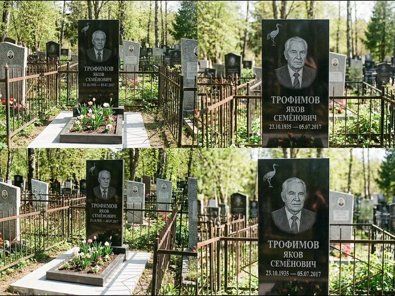 Памятник с гравировкой журавлей — гравировка одиночного летящего журавля над портретом, работа «Трофимов» в Южно-Сахалинске