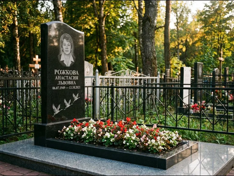 Памятник с гравировкой журавлей — гравировка трёх журавлей по диагонали через свободное поле с, работа «Рожкова» в Южно-Сахалинске