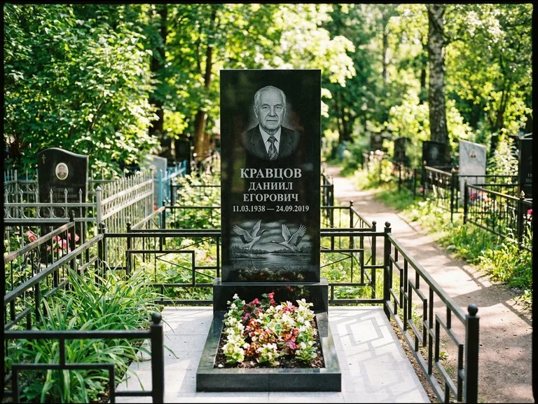 Памятник с гравировкой журавлей — гравировка пары журавлей над гладью озера в нижней части, работа «Кравцов» в Южно-Сахалинске