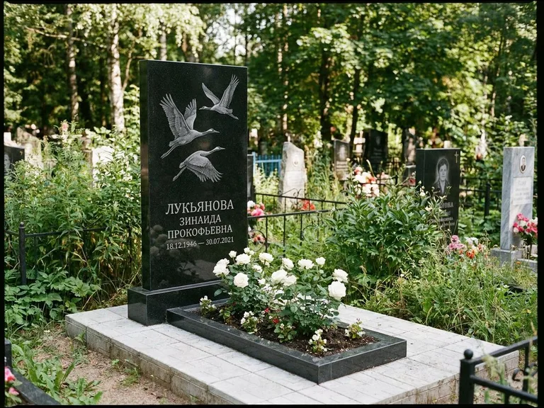 Памятник с гравировкой журавлей — гравировка журавлей, работа «Лукьянова» в Южно-Сахалинске