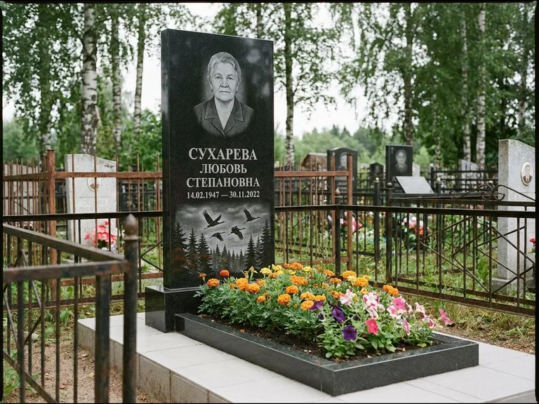 Памятник с гравировкой журавлей — гравировка силуэтов журавлей над еловым лесом, работа «Сухарева» в Южно-Сахалинске