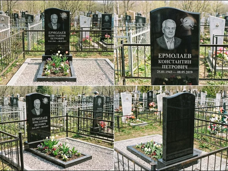 Памятник с гравировкой журавлей — гравировка клина журавлей на фоне солнечного диска, работа «Ермолаев» в Южно-Сахалинске