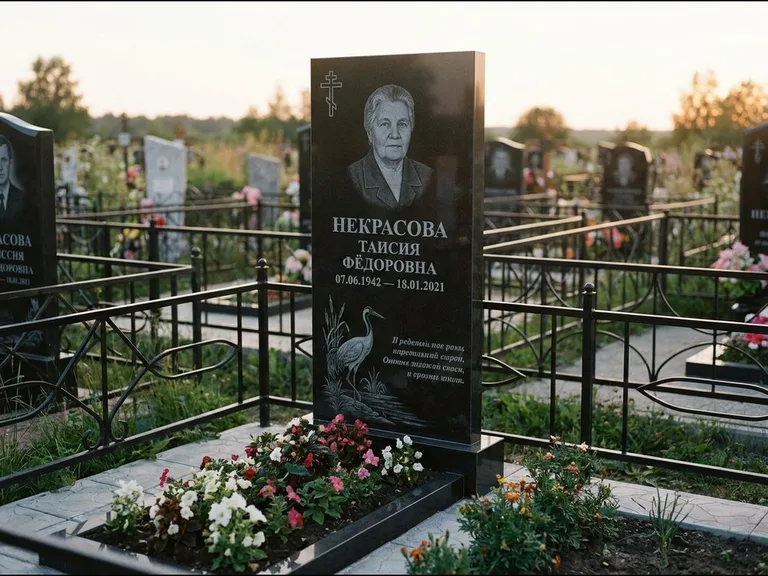 Памятник с гравировкой журавлей — гравировка журавля у камышей рядом с эпитафией, работа «Некрасова» в Южно-Сахалинске