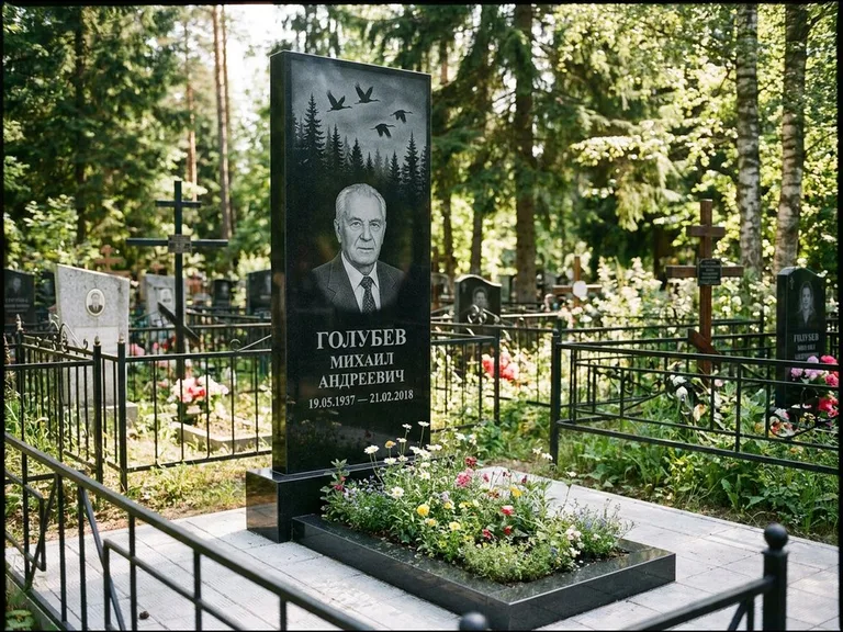 Памятник с гравировкой журавлей — гравировка силуэтов журавлей над еловым лесом, работа «Голубев» в Южно-Сахалинске