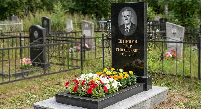 Памятник с цветником, Пример гранитного памятника и благоустройства участка от мастерской «Мастер Каменев»