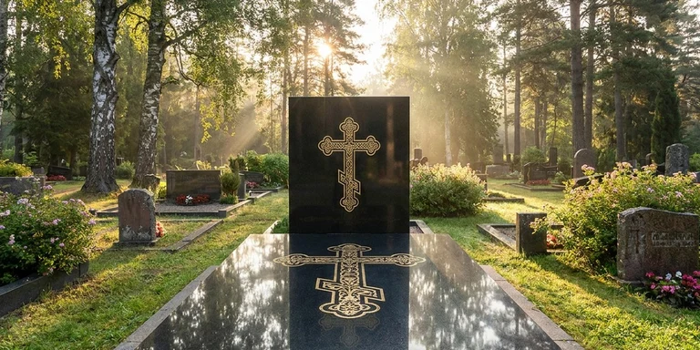Гравировка креста на памятнике в Южно-Сахалинске — православный восьмиконечный крест на граните