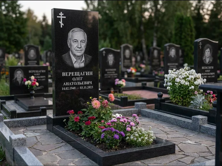 Памятник из чёрного гранита — горизонтальная плита-стела с православным восьмиконечным крестом, работа «Тихонов» в Южно-Сахалинске