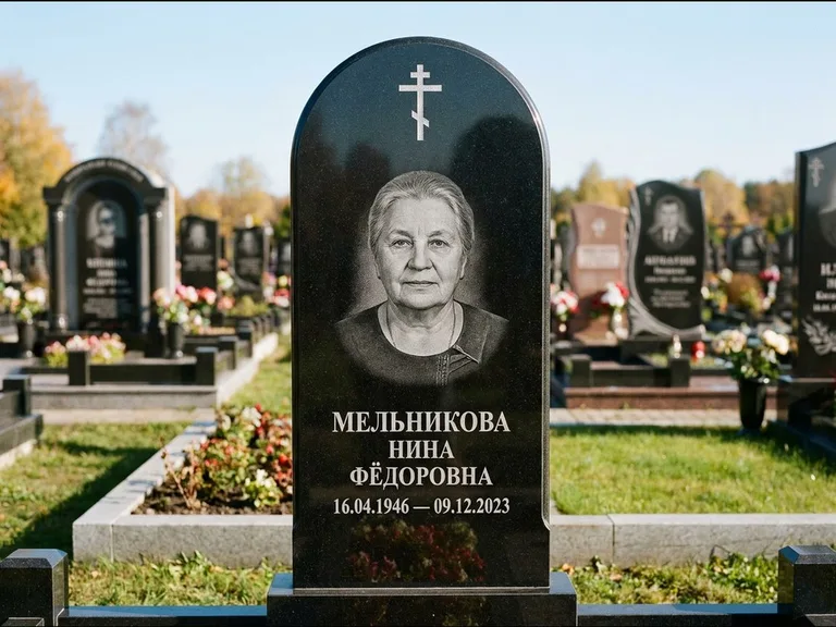 Памятник из чёрного гранита — стела с резным навершием с латинским крестом, работа «Савельева» в Южно-Сахалинске