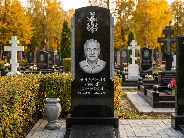 Памятник из чёрного гранита — круглая стела-медальон с армянским хачкаром, работа «Ковалёв» в Южно-Сахалинске