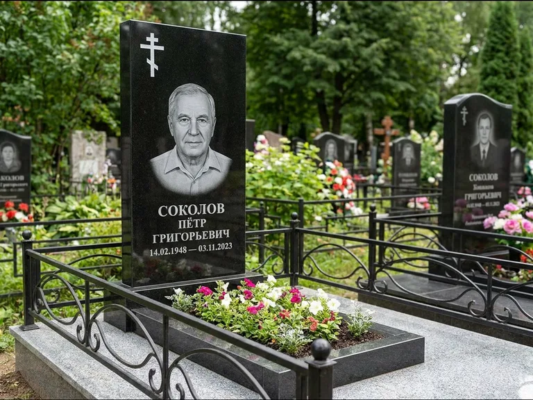 Памятник из чёрного гранита — стела с арочным верхом с православным восьмиконечным крестом, работа «Ковалёв» в Южно-Сахалинске