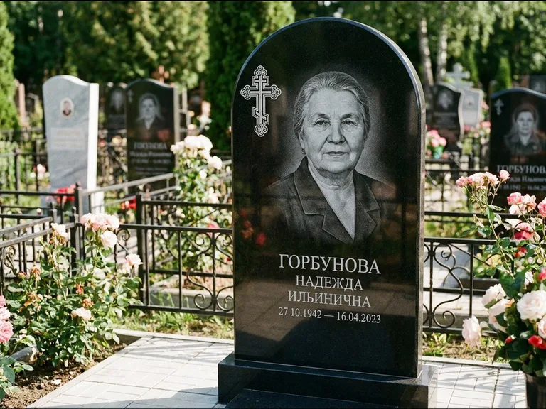 Памятник из чёрного гранита — стела с боковой колонной с крестом в лучах, работа «Мельникова» в Южно-Сахалинске