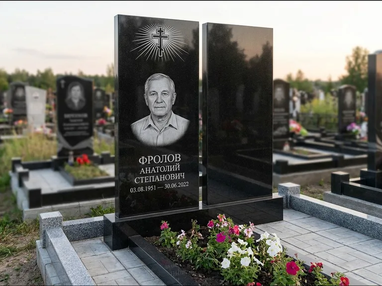 Памятник из чёрного гранита — стела на ступенчатом постаменте с золочёным крестом, работа «Богданов» в Южно-Сахалинске