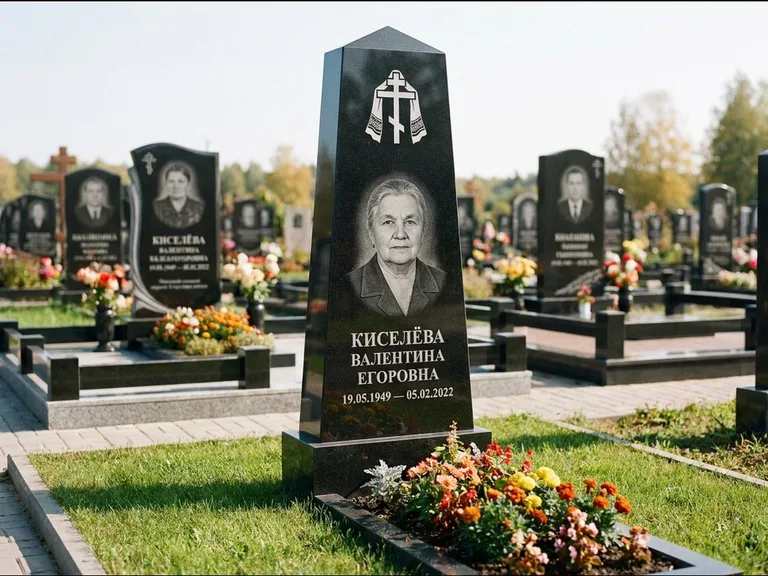 Памятник из чёрного гранита — стела со скошенным верхом с ажурным резным крестом, работа «Селезнёва» в Южно-Сахалинске