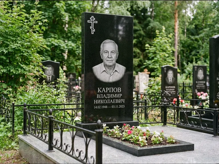 Памятник из чёрного гранита — узкая стела с ажурным крестом с православным восьмиконечным крестом, работа «Гущин» в Южно-Сахалинске