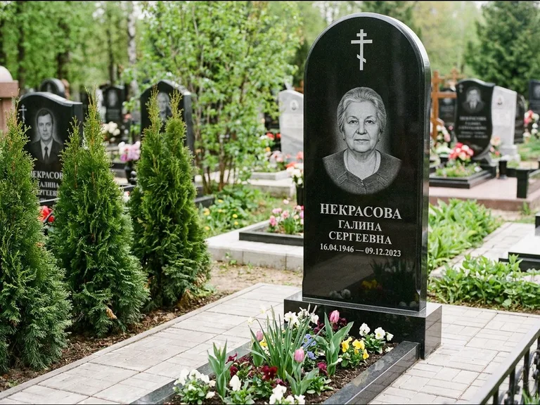 Памятник из чёрного гранита — стела с цветником-плитой с латинским крестом, работа «Лаврентьева» в Южно-Сахалинске