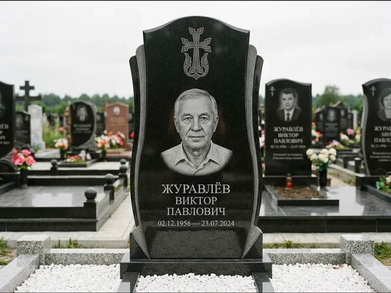 Памятник из чёрного гранита — панорамная стела с армянским хачкаром, работа «Тихонов» в Южно-Сахалинске
