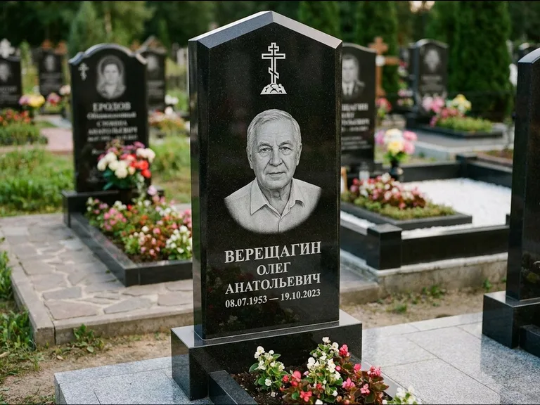 Памятник из чёрного гранита — обелиск-колонна с крестом на Голгофе, работа «Ковалёв» в Южно-Сахалинске