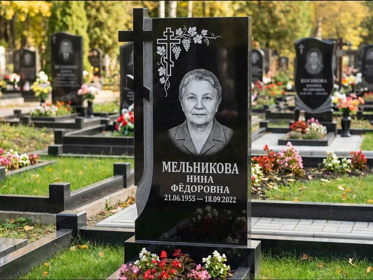 Памятник из чёрного гранита — стела с резной рамкой с крестом с распятием, работа «Некрасова» в Южно-Сахалинске